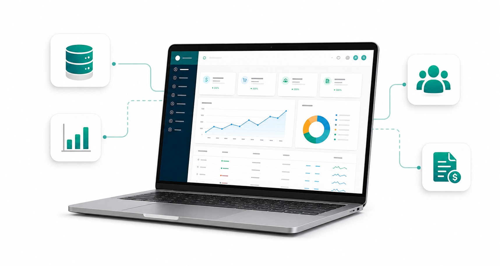 Portátil mostrando un panel de gestión conectado con inventario, analítica, clientes y facturación