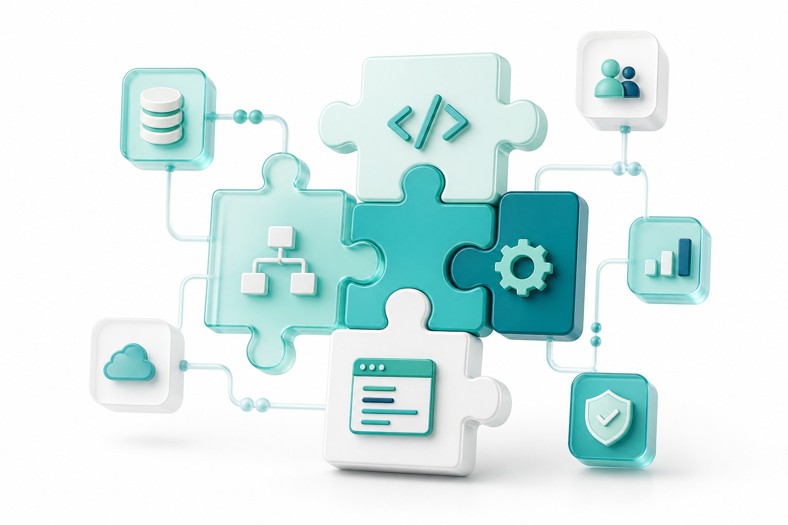 Módulos conectados que representan desarrollo de software, integraciones, seguridad y datos