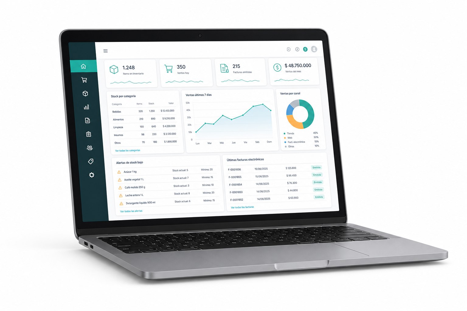 Portátil mostrando el panel de inventario, ventas y facturación de SIGIS